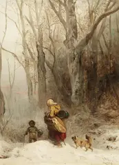 Travellers in a Snowy Forest by Carl Hilgers, Oil on panel, sold Mar 2019