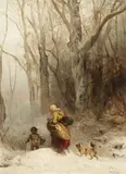 Carl Hilgers, Travellers in a Snowy Forest, Oil on panel