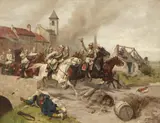 Emil Hünten, Cavalry Attack of the "Königin" (Pommersches) Kürassier Regiment no. 2, Oil on canvas (relined)