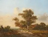 Marinus Adrianus Koekkoek II, Dutch Landscape with Peasants and a Flock of Sheep, Oil on canvas