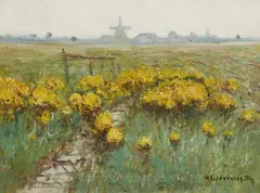 Helmuth Liesegang, Village Landscape with a Windmill, Oil on canvas