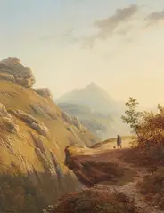 Cornelis Lieste, Mountain Landscape with a Hunter and his Dog, Oil on panel