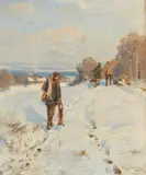 Hugo Mühlig, A Hunter in the Snow, Oil on panel