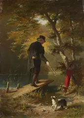 Carl Georg Naumann, Man Walking his Dog by a Pond, Oil on panel
