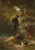 Carl Georg Naumann, Man Walking his Dog by a Pond, Oil on panel