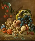 Hendrik Reekers, Fruit Still Life with Peaches, Damsons, Grapes, Apricots, Raspberries, Blackcurrants, Forget-Me-Nots, and a Lemon in a Rummer, Oil on panel