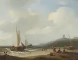 Beach Scene with Sailing Ships by Johannes Christiaan Schotel, Oil on panel, sold Mar 2019