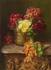 Clara von Sivers, Still Life with Primulas on a Table, Oil on canvas