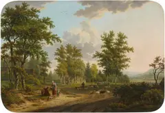 Willem Uppink, Landscape with Cottages, Shepherds, and a Horse-Drawn Cart, Oil on thin metal panel