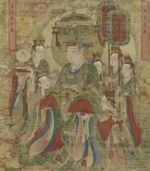 Anonymer Maler des 19. Jh., Shuixing, the governor of Mercury, one of the Seven Governors and Eleven Luminaries. Ink and colour on cloth. Two cartouches with names. With silk mounting, framed and glazed., Shuixing, the governor of Mercury, one of the Seven Governors and Eleven Luminaries. Ink and colour on cloth. Two cartouches with names. With silk mounting, framed and glazed