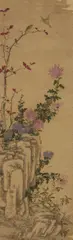 Anonymer Maler des 19. Jh., Two hanging scrolls. Ink and colour on silk. a) Mandarin ducks in rocky river landscape. Inscribed in the manner of Shen Zhou and two seals. b) Chrysanthemum by a rock and a pai..., Two hanging scrolls. Ink and colour on silk. a) Mandarin ducks in rocky river landscape. Inscribed in the manner of Shen Zhou and two seals. b) Chrysanthemum by a rock and a pair of birds on a branch. (2) a)