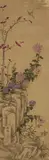 Anonymer Maler des 19. Jh., Two hanging scrolls. Ink and colour on silk. a) Mandarin ducks in rocky river landscape. Inscribed in the manner of Shen Zhou and two seals. b) Chrysanthemum by a rock and a pai...