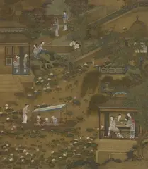 Qiu Ying, Palace ladies in a palace garden with pavilions on a lotus pond. Hanging scroll. Ink and colour on silk. Sealed., Palace ladies in a palace garden with pavilions on a lotus pond. Hanging scroll. Ink and colour on silk. Sealed