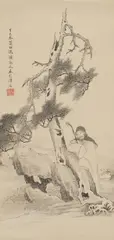 Wang Hui, Three hanging scrolls. a) A man standing below a pine tree. Ink on paper. Inscription, dated cyclically dingsi, signed Feng Xiang and selaed Feng Xiang hua... . b) and c) Two of..., Three hanging scrolls. a) A man standing below a pine tree. Ink on paper. Inscription, dated cyclically dingsi, signed Feng Xiang and selaed Feng Xiang hua... . b) and c) Two of a set of four hanging scrolls. A river landscape. Ink and light colour on silk. Inscription, dated cyclically dingsi (1677), inscribed and sealed Wang Hui. (3) a)