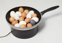 Pol Bury, Casserole (Skillets with Eggs), 1972, Kinetic object: food scraps in frying pan on electric magnet
