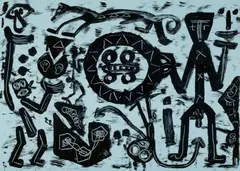 Untitled by A. R. Penck, 1988, Colour silkscreen on card, sold Dec 2018