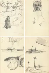 Paul Thek, School of life. Egypt, 1969/1970, School exercise book with 26 sketches, a few on both sides, one double-sided, each pencil on paper. 1 sheet with handwritten entries. Additionally 2 sketches by an unknown hand. The artist worked on the book from both sides