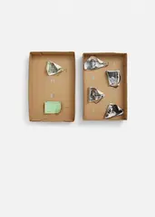 Robert Filliou, MAY 22, 1973 8.29 to 8.32 AM, 1973, 2-part object: each cardboard box partly with pencil, paper, photographs with cords