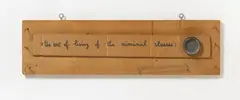 Robert Filliou, The art of living in the criminal classes, Around 1969, Wall object: felt tip pen on corrugated card, metal lid, wire, and nails on panel