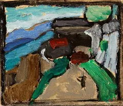 Landschaftsstudie (Landschaft mit Spaziergänger) by Gabriele Münter, Circa 1912, Oil on artist's board, offered Nov 2018