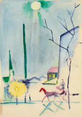 August Macke, Wagen in silberner Straße, 1913, Watercolour, gouache, coloured India ink and silver bronze on thin Japan laid paper