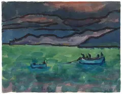 Emil Nolde, See mit zwei blauen Booten vor Berglandschaft, Circa 1925/1930, Watercolour and brush and India ink on Japan laid paper