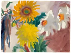 Sonnenblume und gelbe Dahlienblüte by Emil Nolde, Circa 1930/1935, Watercolour on thin Japan laid paper, sold Nov 2018