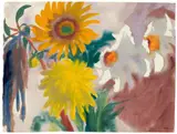 Emil Nolde, Sonnenblume und gelbe Dahlienblüte, Circa 1930/1935, Watercolour on thin Japan laid paper