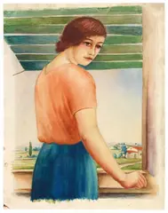 Georg Schrimpf, Mädchen am Fenster, 1927, Watercolour over pencil on chamois-coloured, fabric structured wove paper