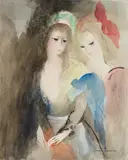 Deux jeunes filles, mantille et noeud rouge by Marie Laurencin, Watercolour, pencil and India ink on white watercolour paper, offered Nov 2018