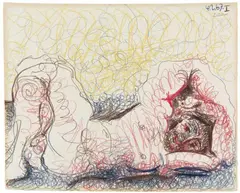 Pablo Picasso, Homme nu couché, 1967, Colour wax crayon drawing on wove paper with watermark "GUARRO"