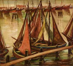 Herm Dienz, Fischerboote im Hafen, 1931, Oil on panel