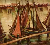 Herm Dienz, Fischerboote im Hafen, 1931, Oil on panel
