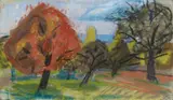 Otto Dix, Baumlandschaft, Circa 1948, Goauche, pastel and black chalk on blueish Ingres laid paper