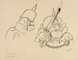 Hintergrundbild zu Soldat Schweijk - 2 Soldaten by George Grosz, 1927, Pen and ink drawing over pencil on chamois-coloured light card, offered Nov 2018