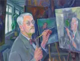 Conrad Felixmüller, Selbstbildnis mit malender Hand, Im Hintergrund Werkstatt