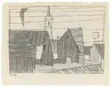 Lyonel Feininger, Untitled (Village with Church), 1955, Watercolour, chalk and pen and ink on paper. Verso: abstract chalk drawing