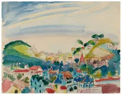 Walter Gramatté, Barcelona, 1924, Watercolour over pencil on firm drawing paper with truncated round blind stamp and three-sided perforation. On the verso, a further watercolour, a discarded hilly garden landscape, crossed out in red