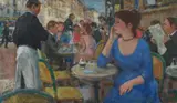 François Gall, Le garçon de café et la jeune femme, brasserie des Grands Boulevards - Paris, 1968-1970, Oil on canvas
