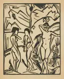 Drei Frauen am Wasser by Erich Heckel, 1923, woodcut on paper, hand coloured, sold Nov 2018