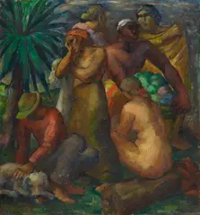 Werner Heuser, Figurenszene mit weiblichem Akt, 1913/1915, Oil on canvas