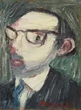 Clifford Holmead Phillips, Mann mit Brille und blauer Krawatte, 1974, Oil on canvas, mounted on panel