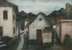 Theo Hölscher, Tessiner Dorfstrasse (Gassen in Losone), 1930, Oil tempera on firm paper