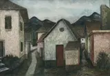 Theo Hölscher, Tessiner Dorfstrasse (Gassen in Losone), 1930, Oil tempera on firm paper