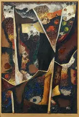 Theo Hölscher, Komposition I./1960, 1960, Material collage and oil tempera on firm card (