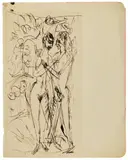 Atelierszene (Stehendes Liebespaar) by Ernst Ludwig Kirchner, Circa 1912, Brownish pen and ink drawing on plain sketchbook sheet with rounded corners in the left margin, offered Nov 2018