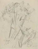 August Macke, Kirschenernte in Rheindorf, 1913, Pencil drawing on thin, slightly textured paper 27.8/28 x 21.3/