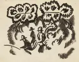 August Macke, Sitzende Männer im Park, 1913, Brush and India ink on smooth paper. Colour chalk drawing verso, presumably by Walter Macke 15.8/