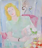 Oskar Moll, Grüne Dame im roten Sessel, 1946, Oil and black chalk on artist's board