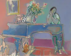 Heinrich Steiner, Interieur mit Mädchen am Klavier, 1960s/70s, Oil on canvas